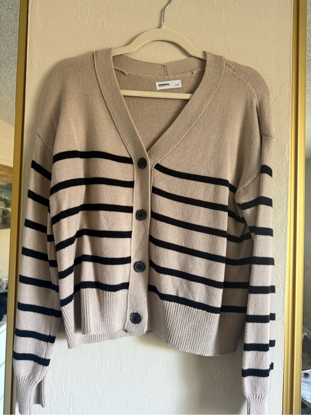 Sonoma Beige and Black Striped V-Neck Button Cardigan